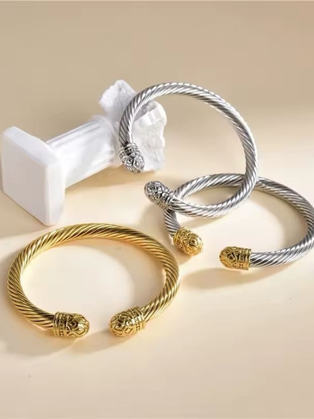 Two-Tone Twisted Cable Cuff Bracelet - Silver and Gold - Picture 3 of 8